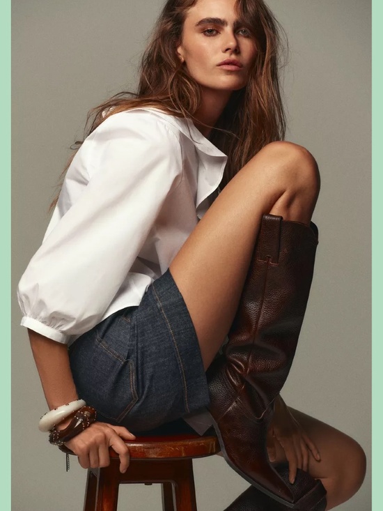 Zara Shoes - Zara Leather Hight Boots Textured Brown Mid Heel Pointed Toe Pull On Size: 6 1/2